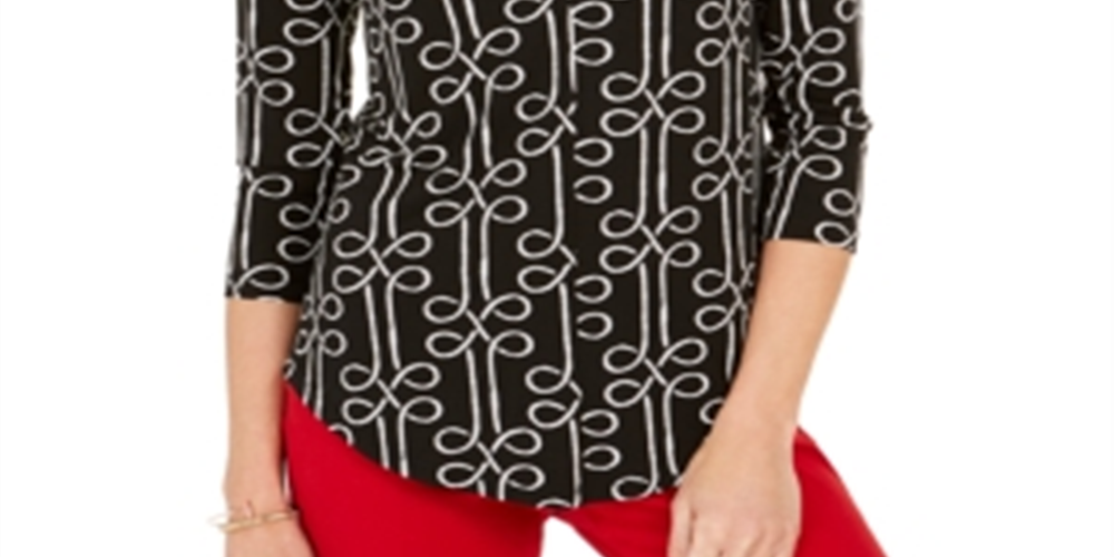 Charter Club Women's Printed V-Neck Top  Black Size XS