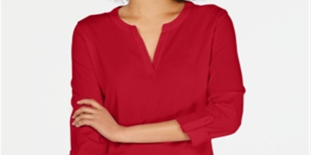 Charter Club Women's Supima Cotton Split Neck Top Red Size Medium