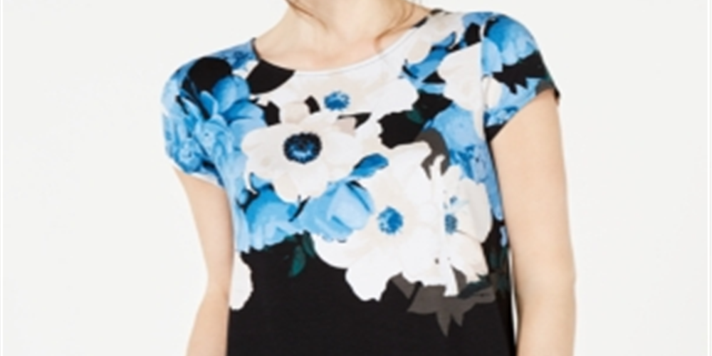 Alfani Women's Wave Print Top Wreath Blue Size Petite