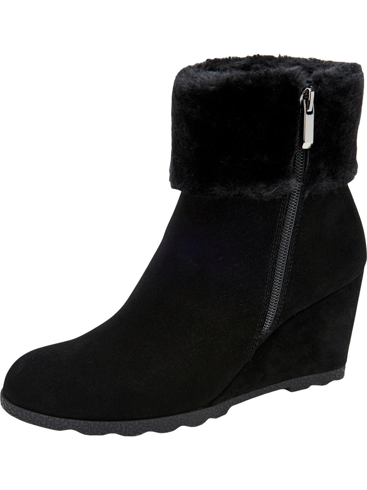 Alfani Women's Faux Fur Cuff Cushioned Wedge Zip up Leather Booties Black Size 6.5 M