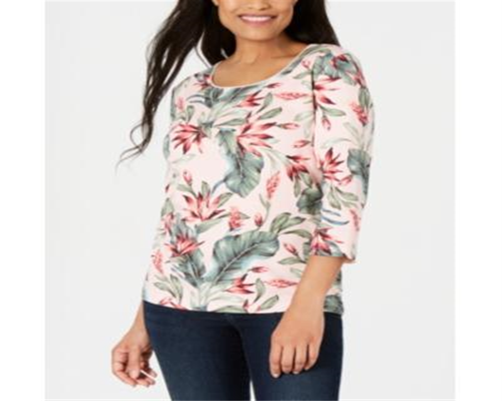 Karen Scott  Women's Palm-Print 3/4-Sleeve Top  Blush Pink Size 2XL