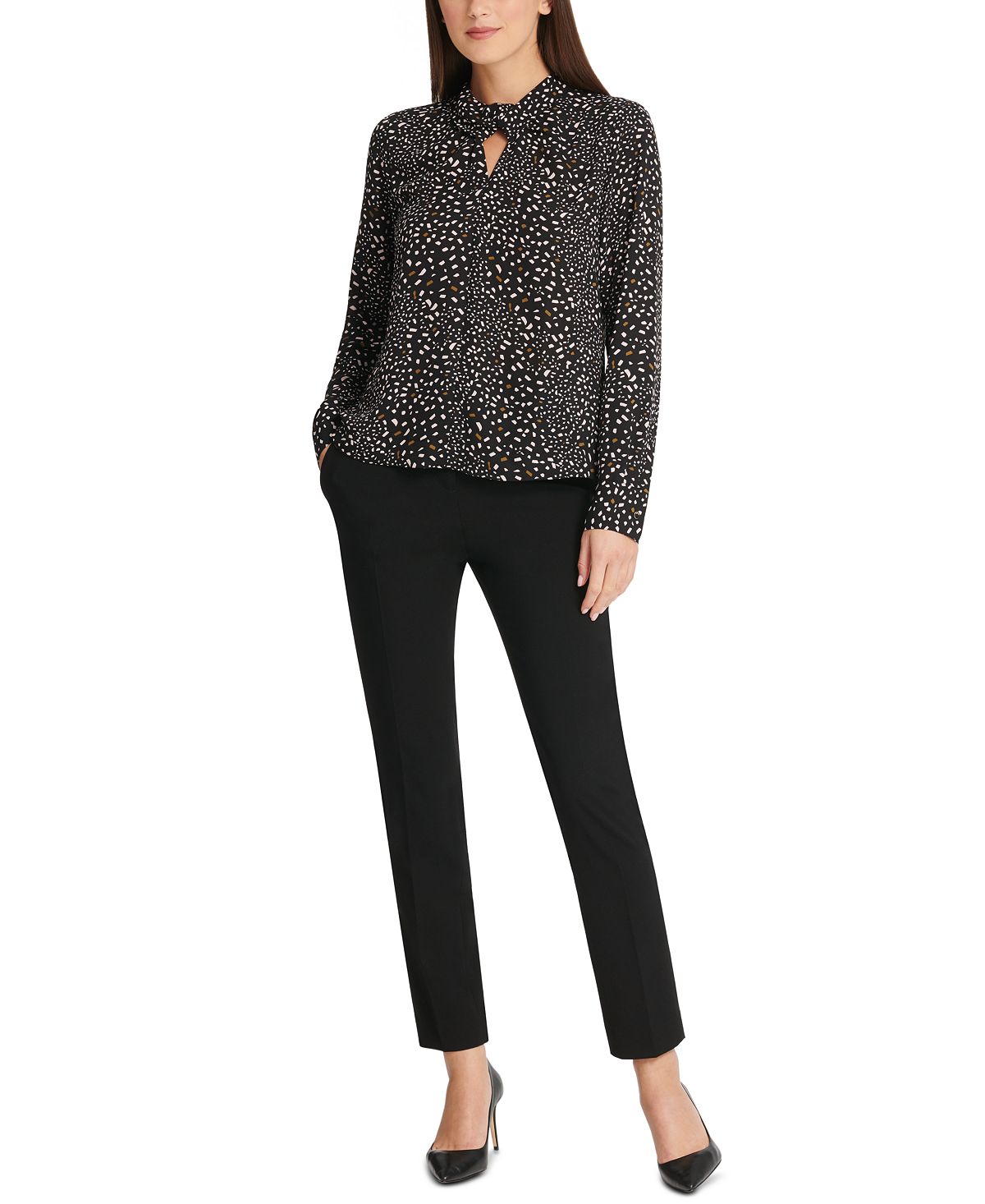 DKNY Women's Confetti Print Twist Neck Top Gray Size X-Small