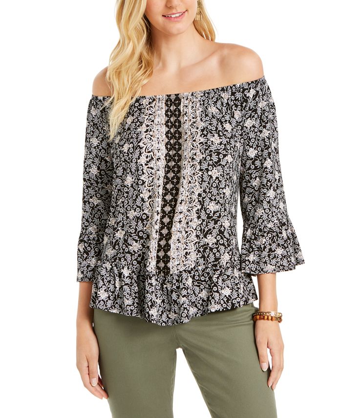Style & Co Women's Printed Convertible Neck Top Black Size M