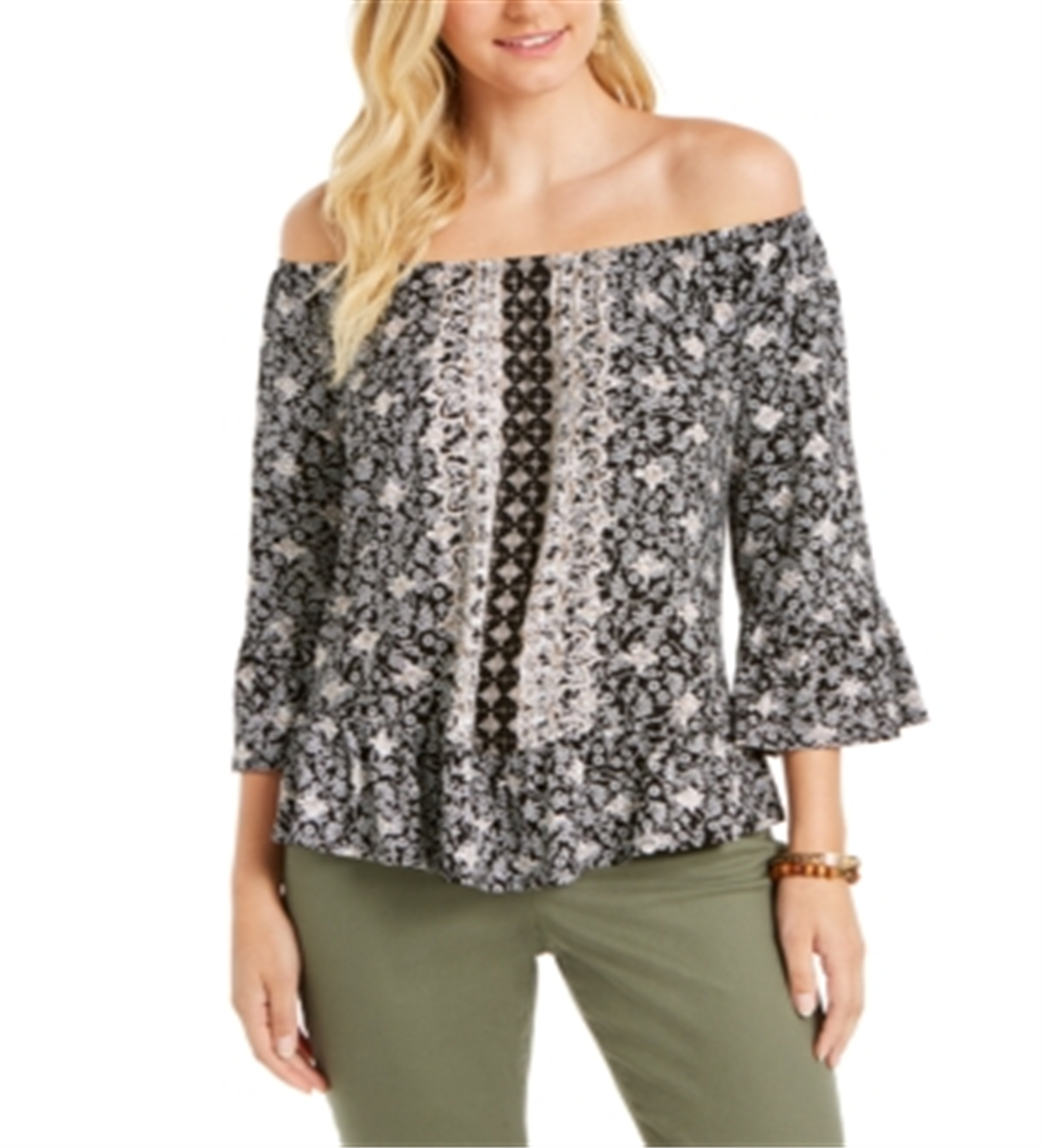 Style & Co Women's Printed Convertible Neck Top Black Size M