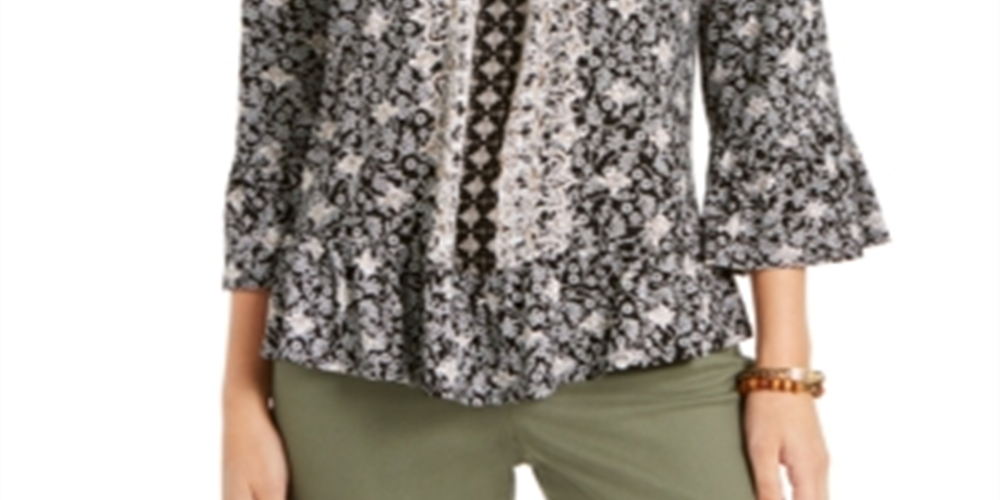 Style & Co Women's Printed Convertible Neck Top Black Size M