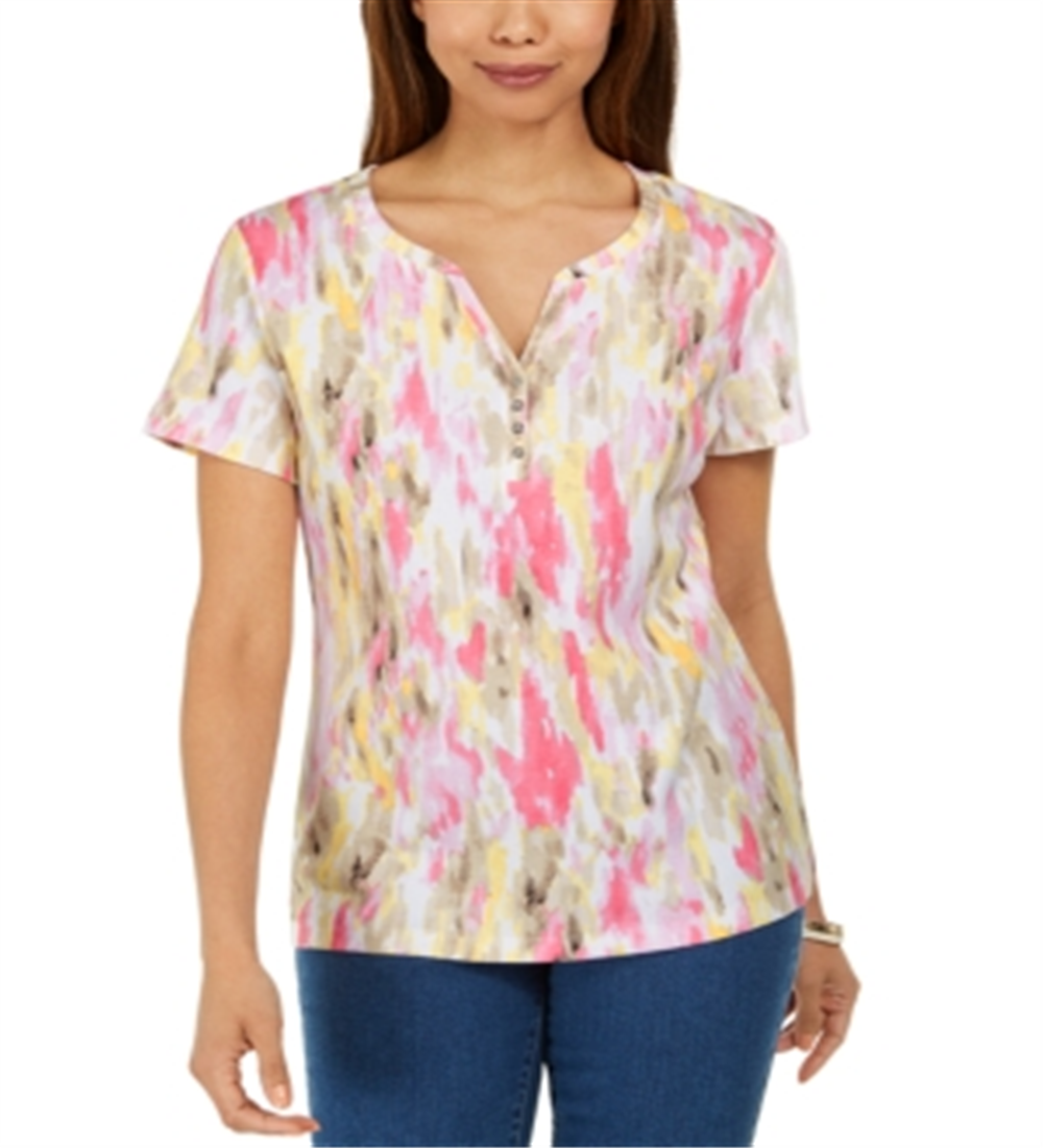 Karen Scott Women's Printed Henley Top Orange Size Medium
