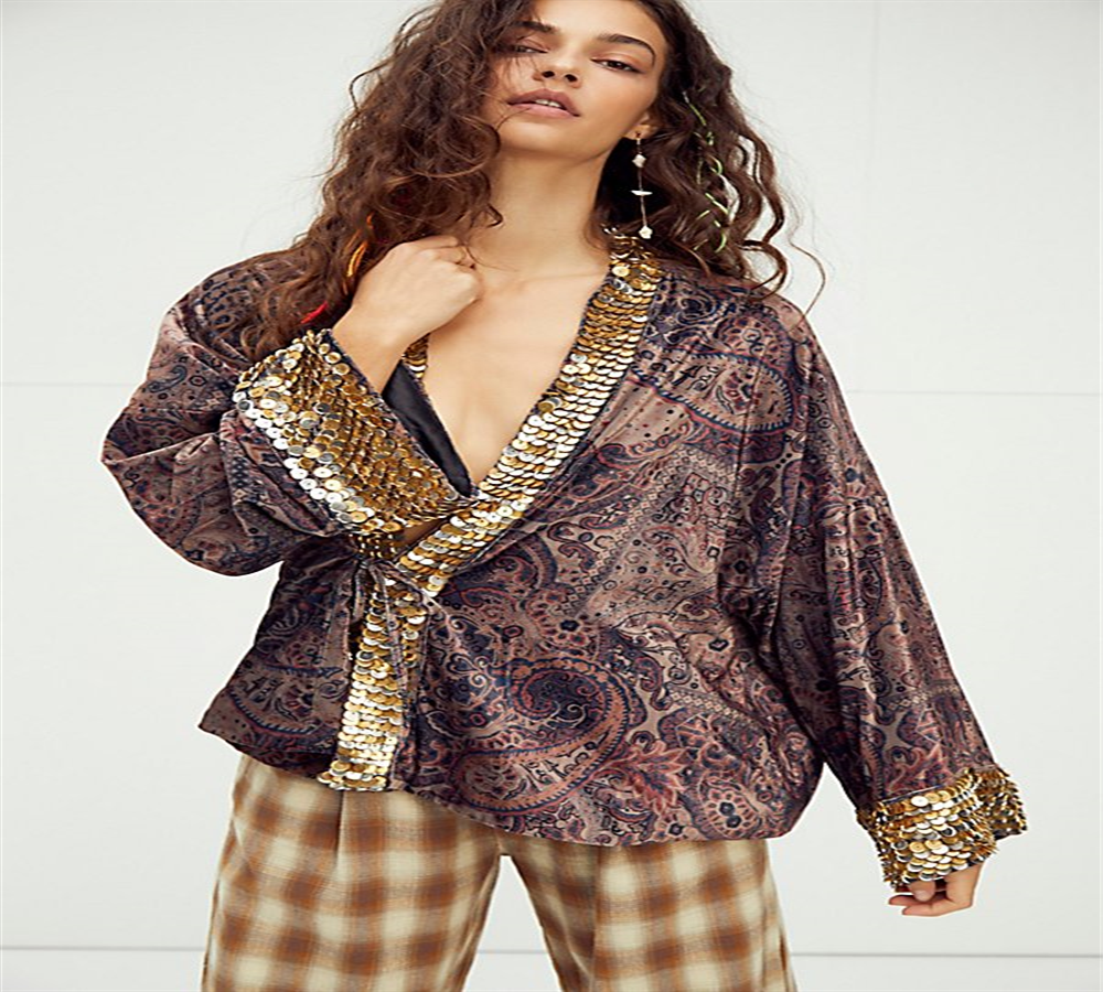 Free People Women's Layla Embellished Kimono Washed Top Brown Size Small