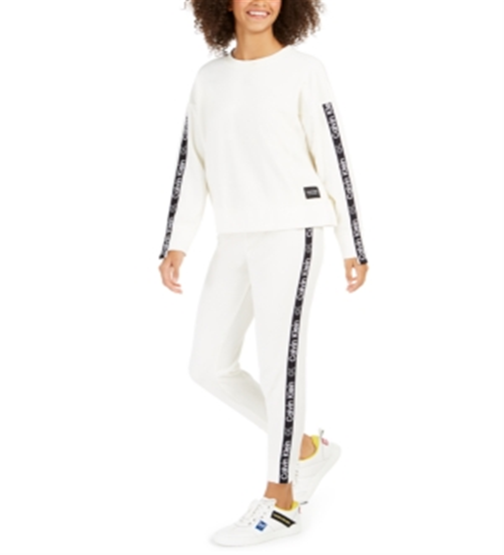 Calvin Klein Women's Performance Velour Logo Sweatshirt White Size Large