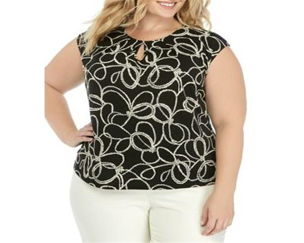 Kasper Women's Cap Sleeve Printed Keyhole Stretch Top -Black Size 3X