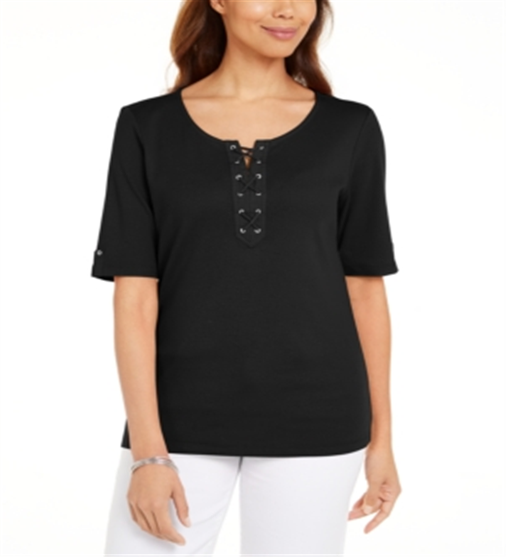 Karen Scott Women's Cotton Lace up Elbow Sleeve Top Black Size Medium