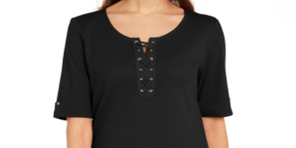 Karen Scott Women's Cotton Lace up Elbow Sleeve Top Black Size Medium