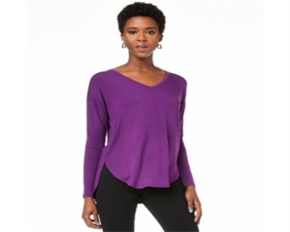 INC International Concepts V-Neck Curved-Hem T-Shirt Purple Paradise M