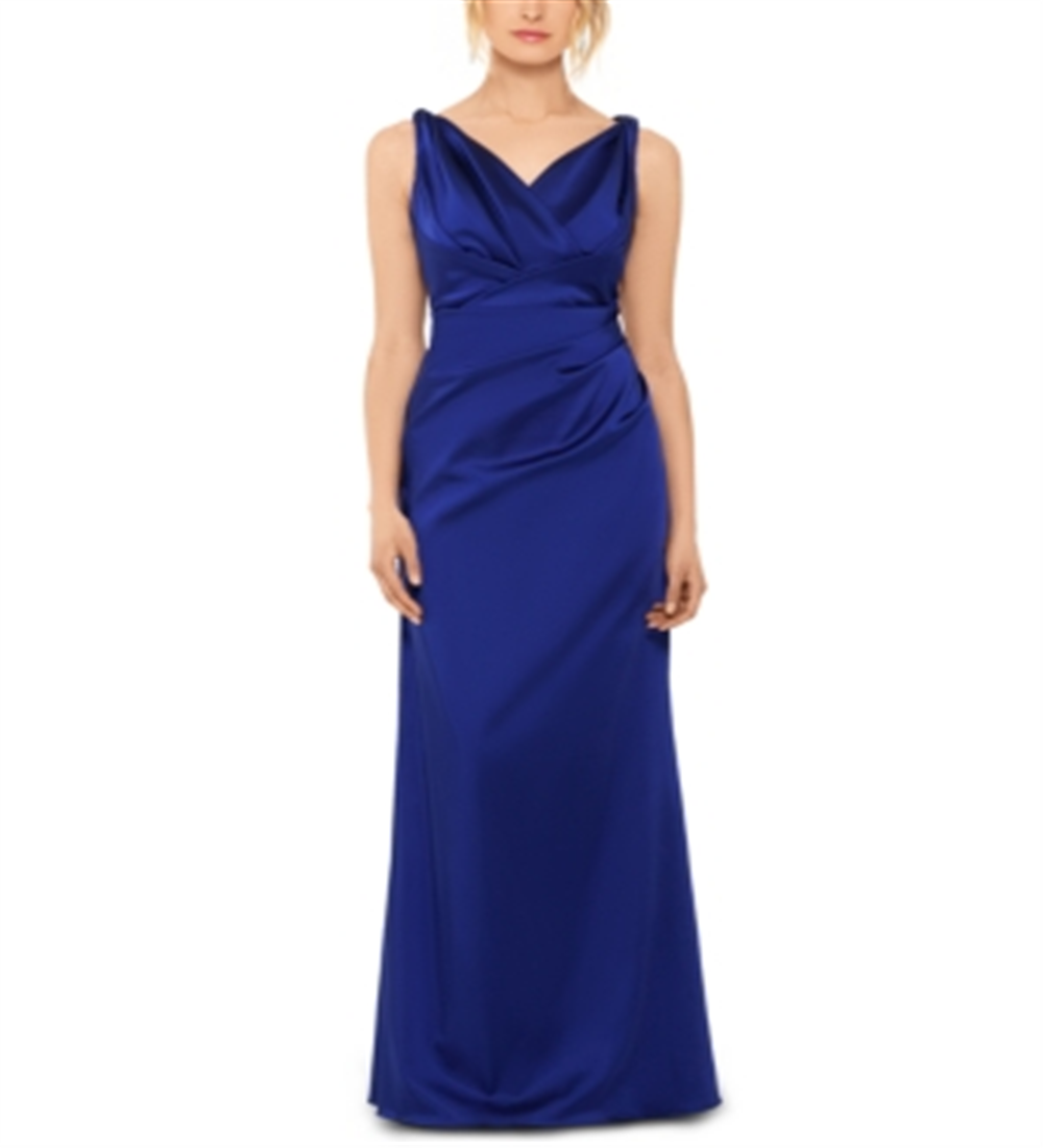 Betsy & Adam Women's Dress Satin V Neck Ruched Gown Blue Size 8