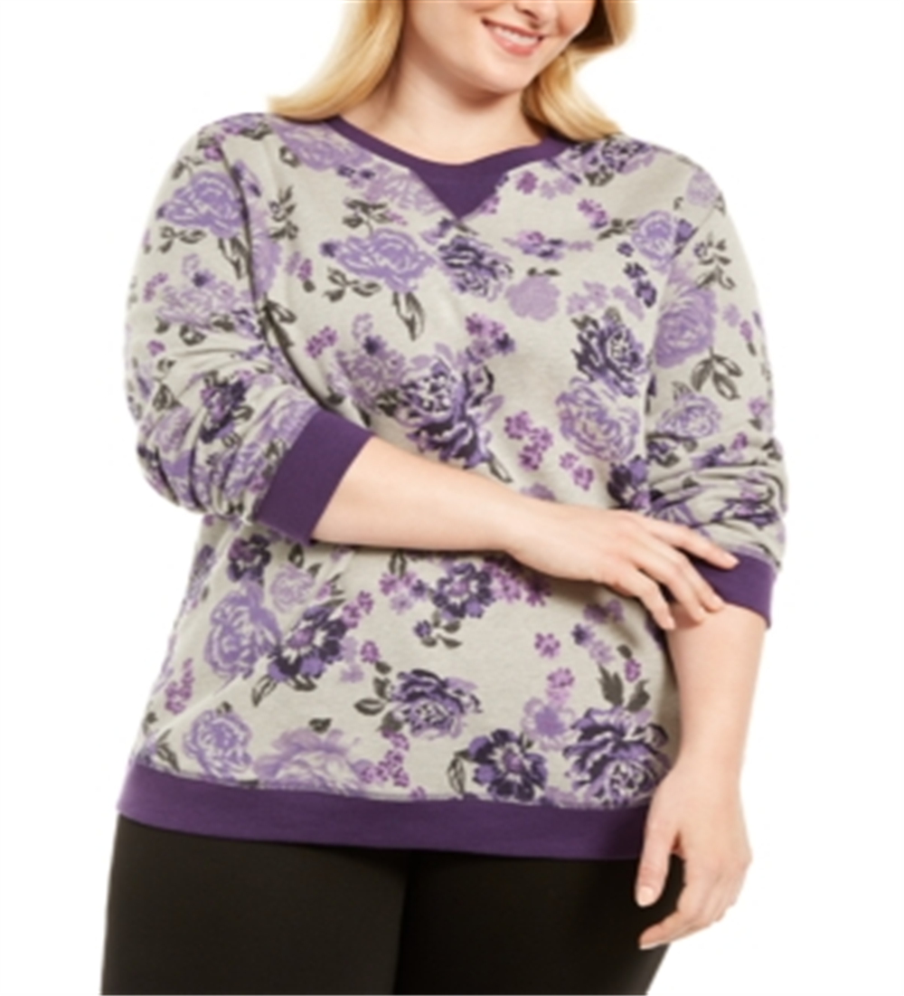 Karen Scott Women's Printed Fleece Crewneck Top Gray Size 2X
