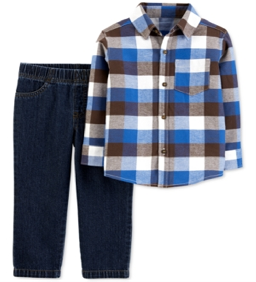 Carter's Baby Boy's 2 Pc Plaid Flannel Shirt & Jeans Set Blue Size 6MOS