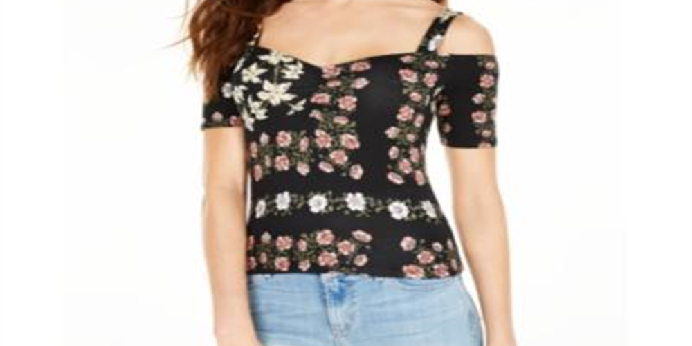 Guess Women's Ruched Front Open Shoulder Jada Crop Top Black Size Medium