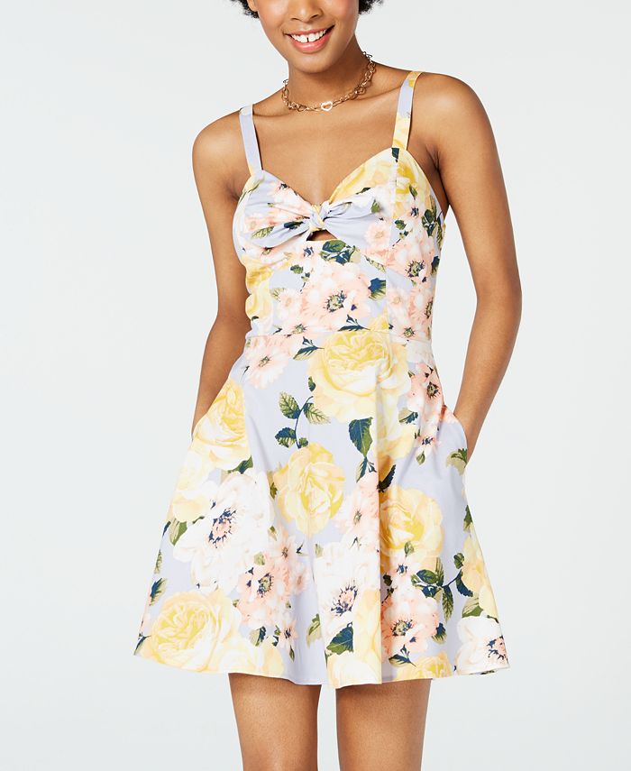 Speechless Women's Pocketed Cut Out Floral Sleeveless Sweetheart Neckline Mini Fit Flare Dress Blue Size 7