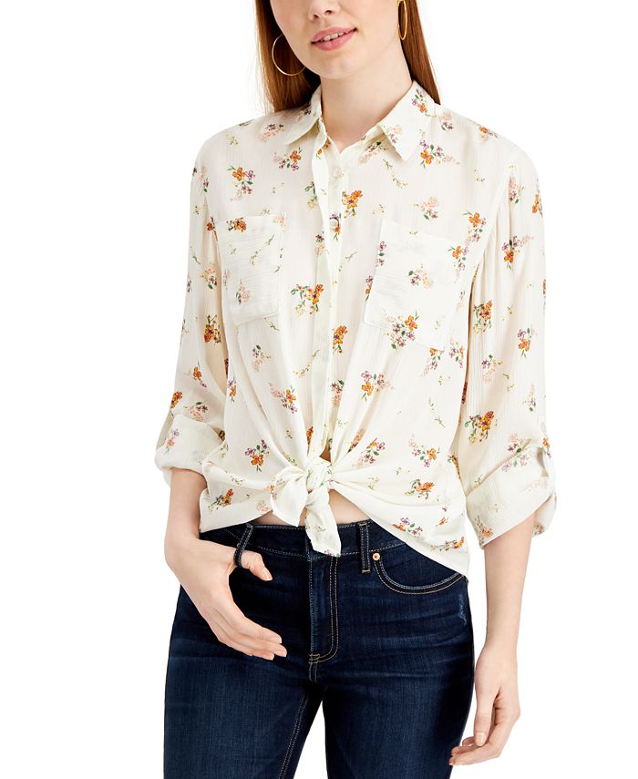 Pink Rose Junior's Floral Tie Front Shirt White Size Medium