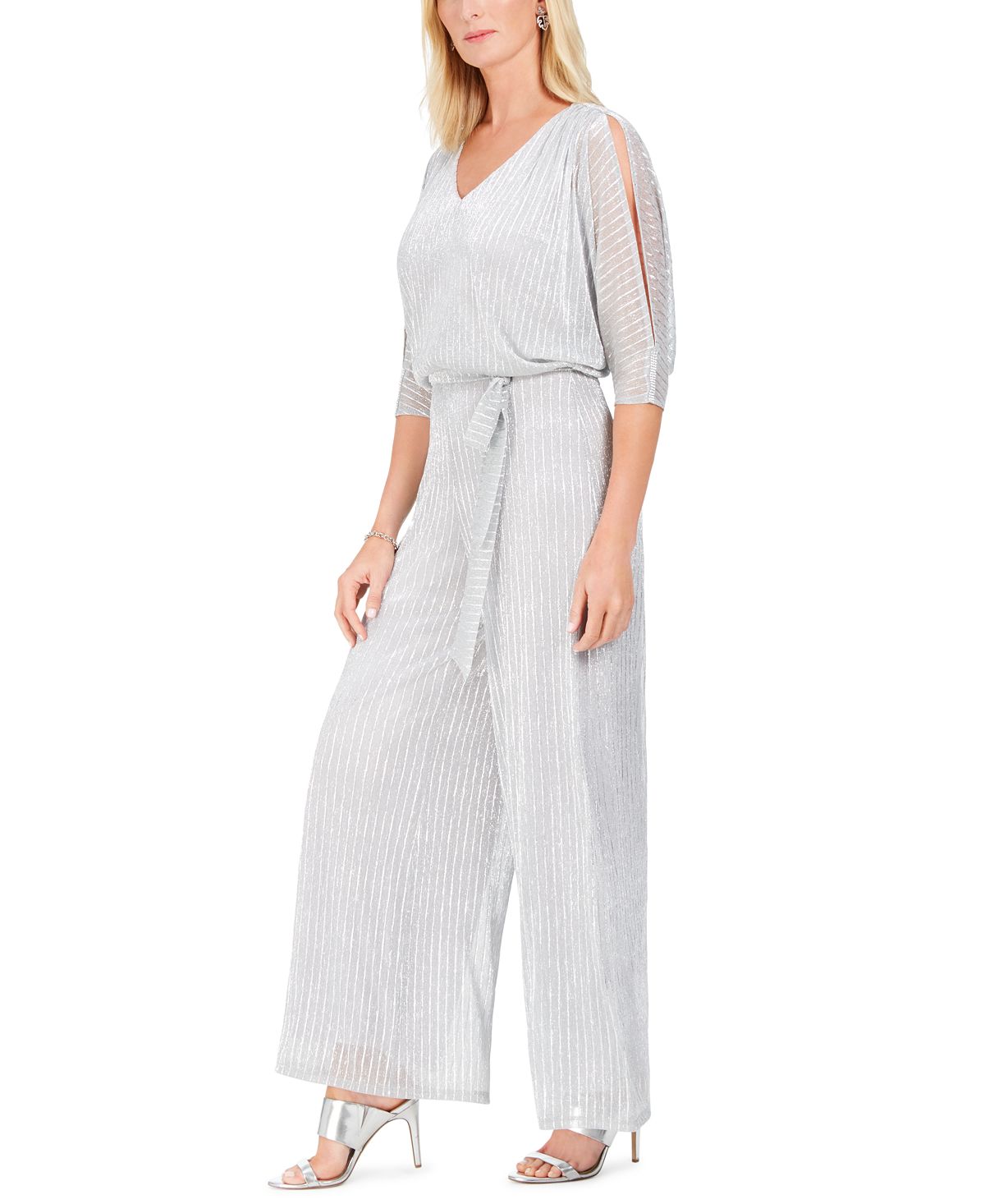 MSK Women's 3/4 Sleeve V Neck Blouse Wide Leg Formal Jumpsuit Silver Size 12