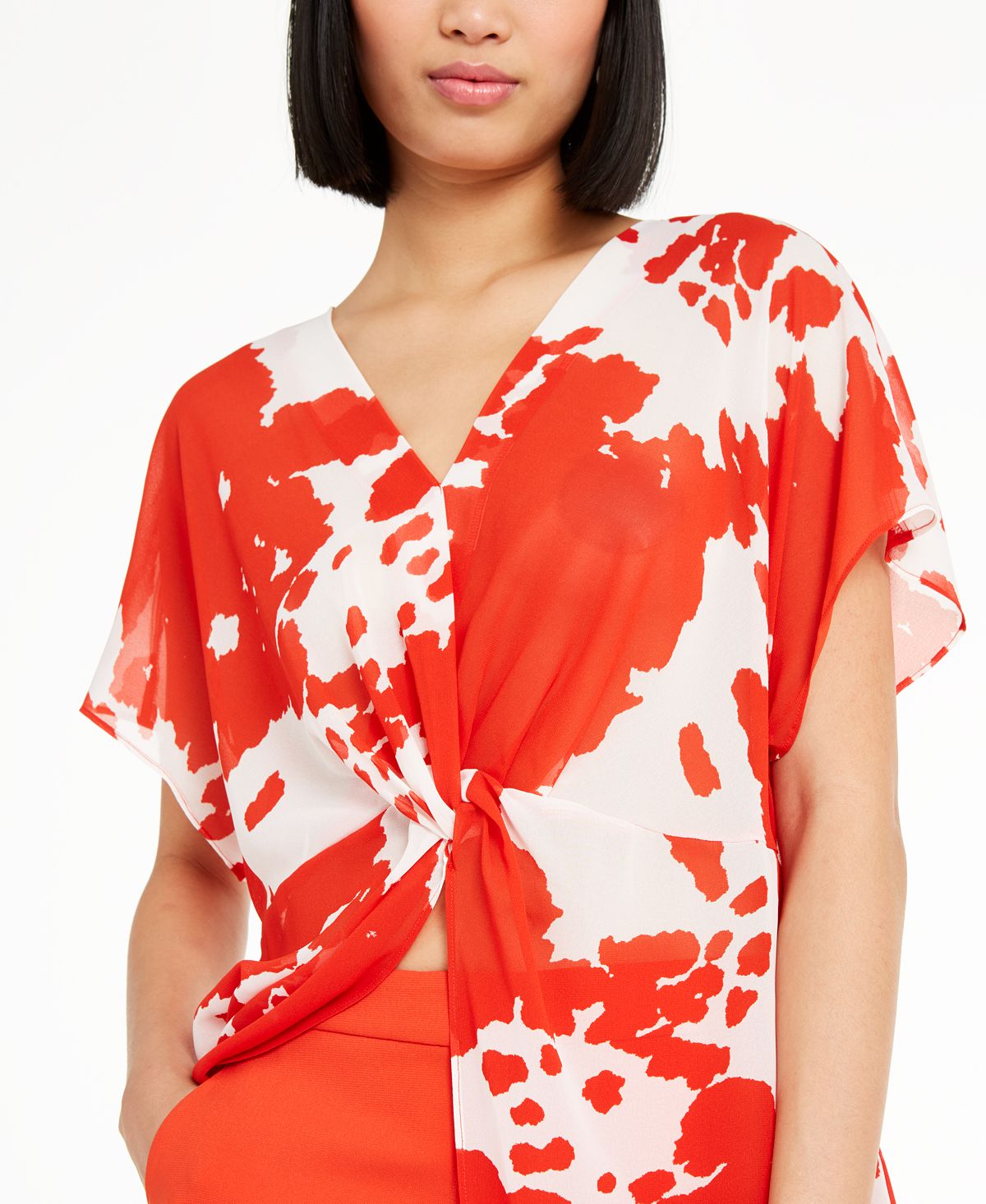 Alfani Women's Sheer Twist Front Printed Tunic Blouse Red Size Large