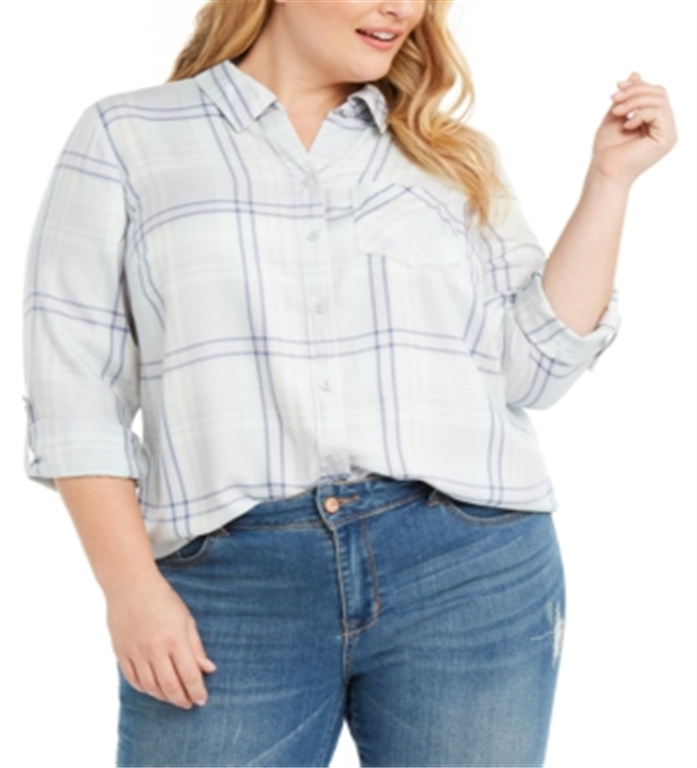 Style & Co Women's Plaid Button Down Blouse White Size 4X