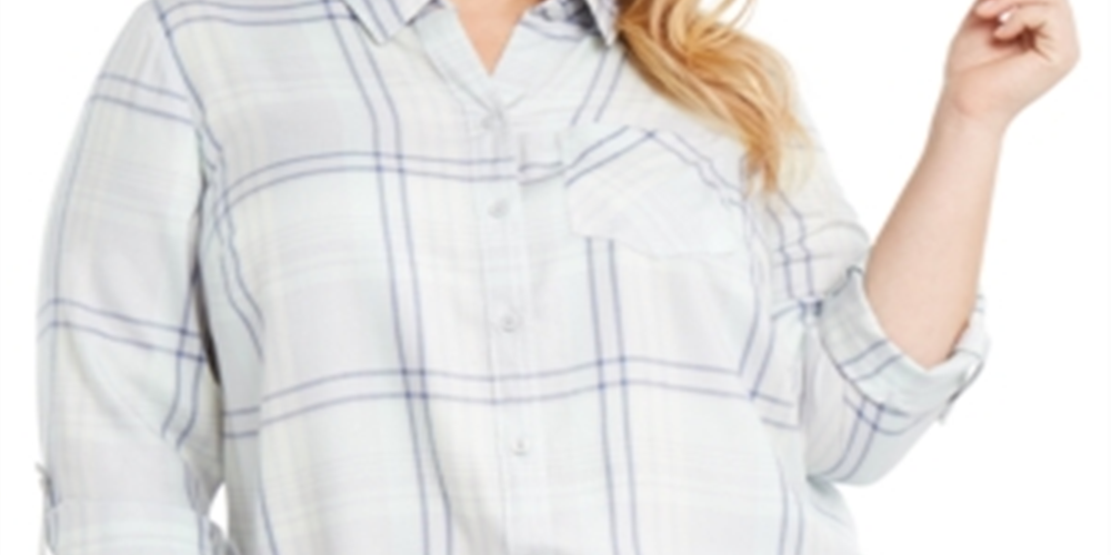 Style & Co Women's Plaid Button Down Blouse White Size 4X