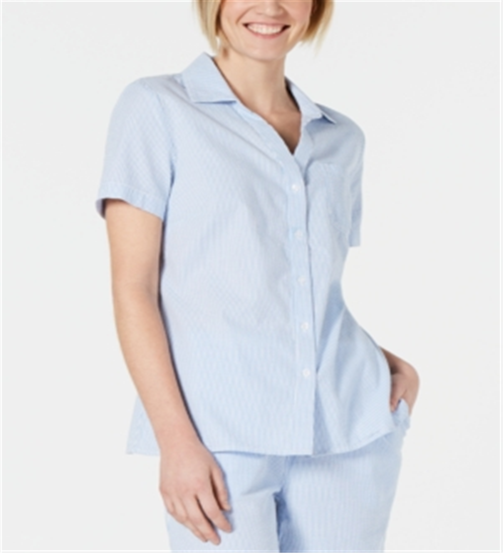 Karen Scott Women's Cotton Seersucker Shirt Blue Size XX-Large