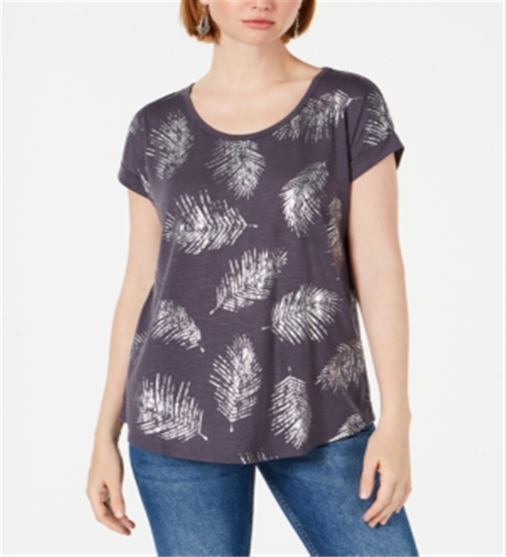 Style & Co Women's Leaf Print Scoop Neck Top Gray Size X-Large