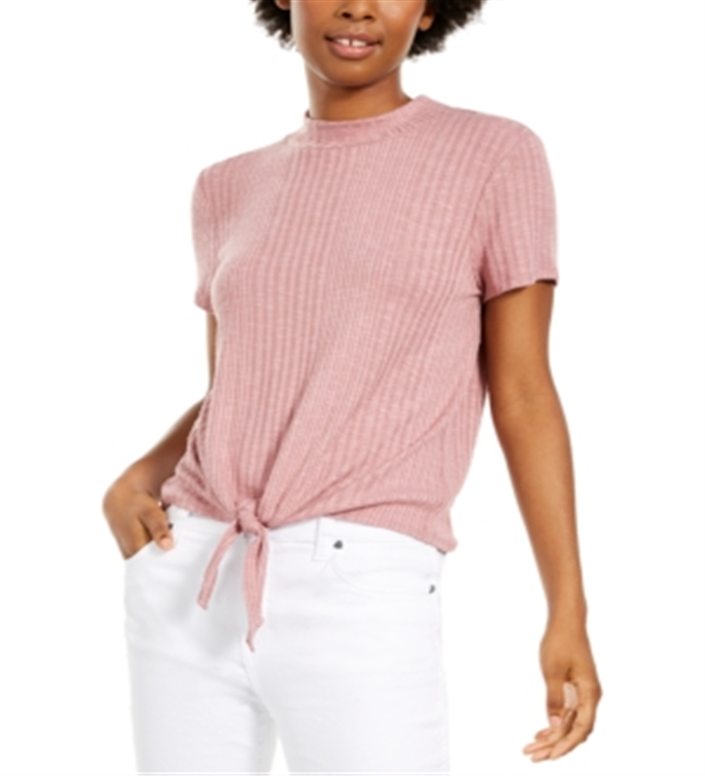 Pink Rose Junior's Mock Neck Tie Front Ribbed Top Pink Size Large