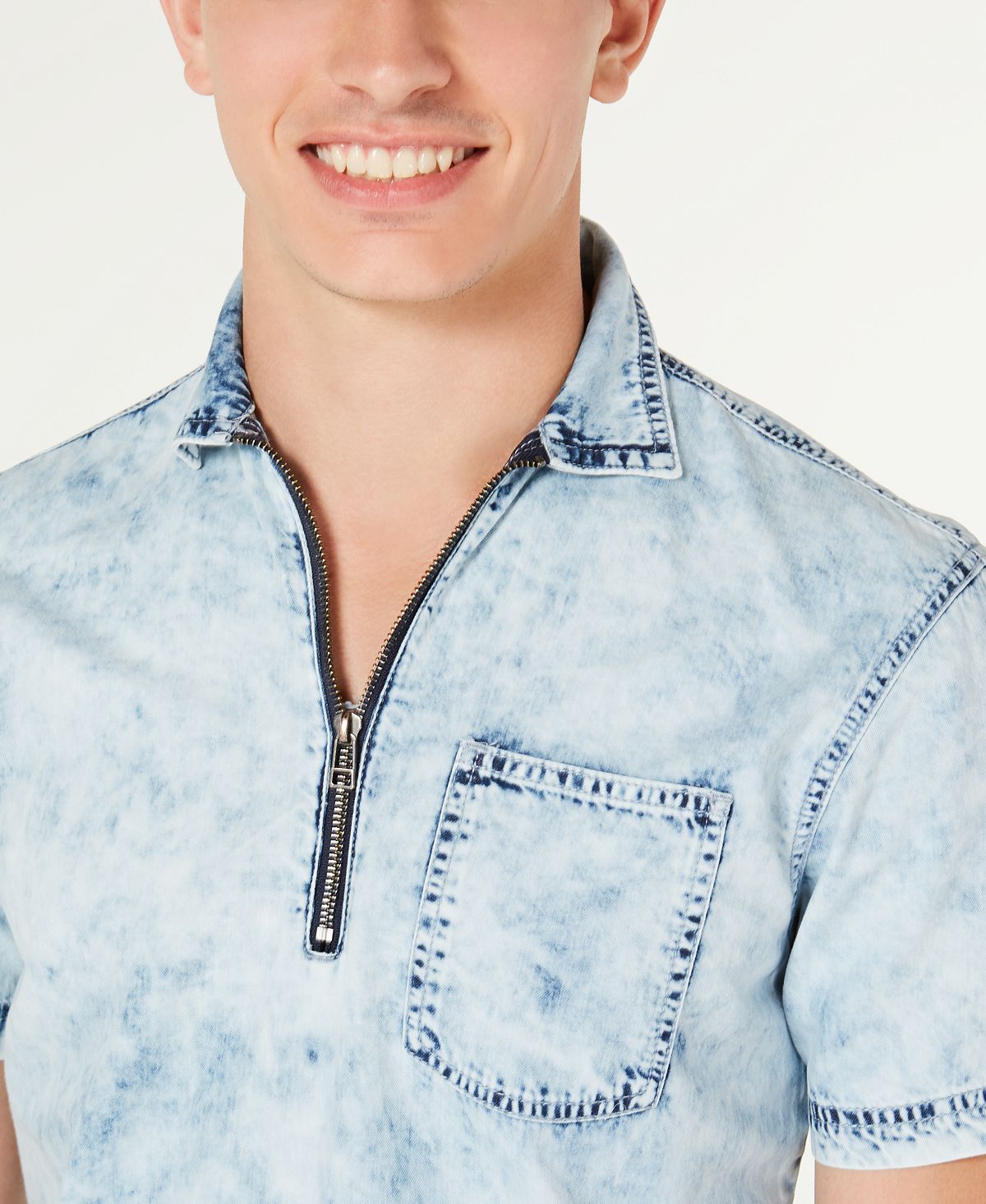 INC International Concepts Men's Quarter Zip Denim Shirt Blue Size Small