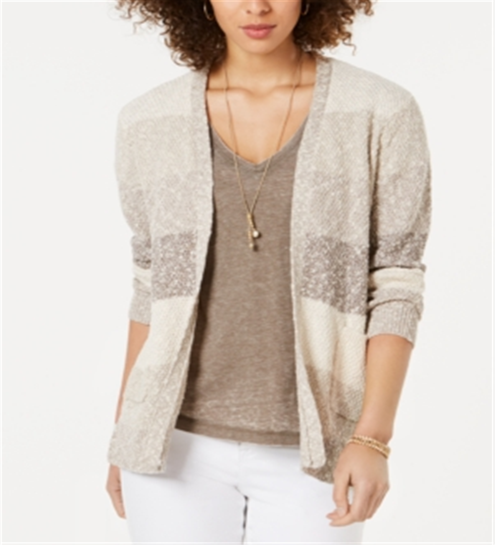 Style & Co Women's Block Striped Cardigan Brown Size Petite Large