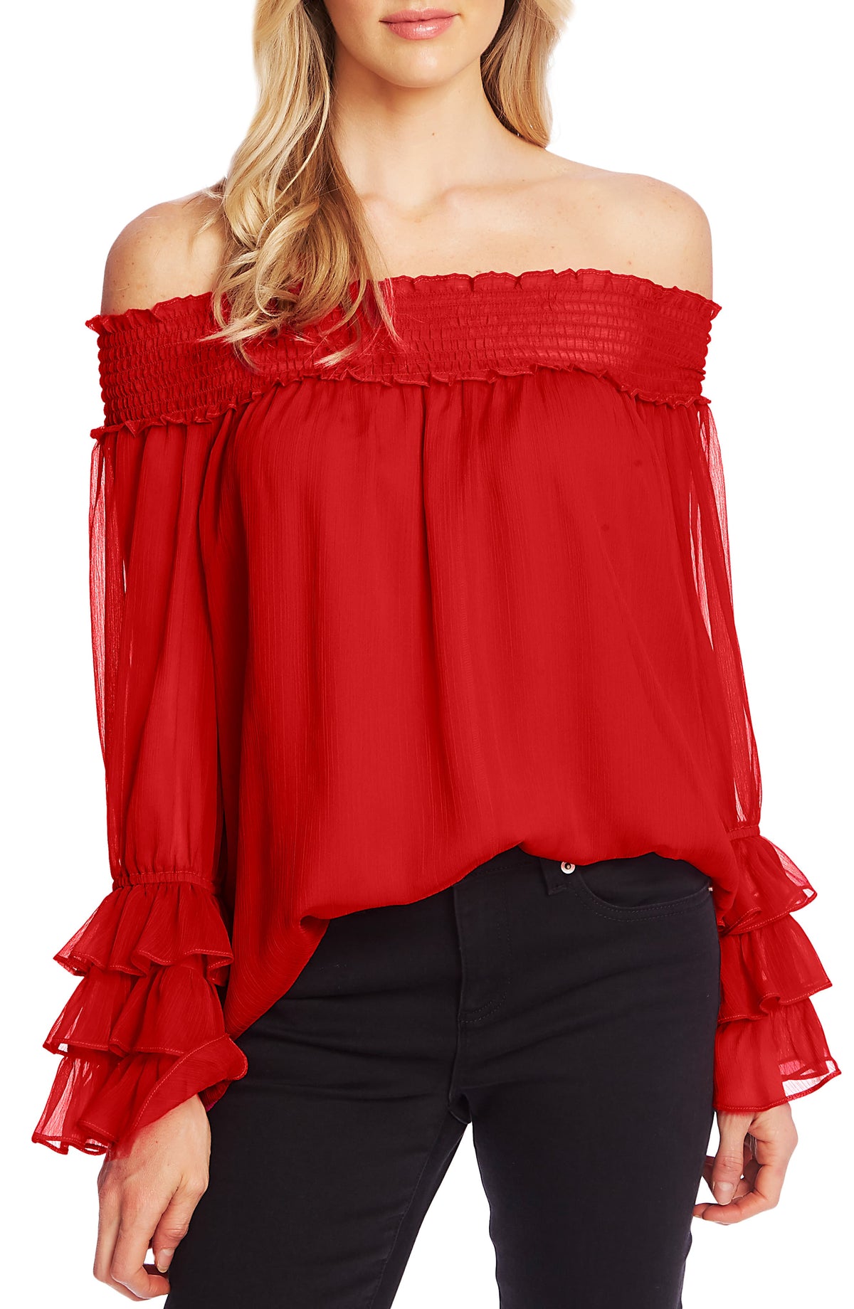 CeCe Women's Off the Shoulder Smocked Blouse Red Size M