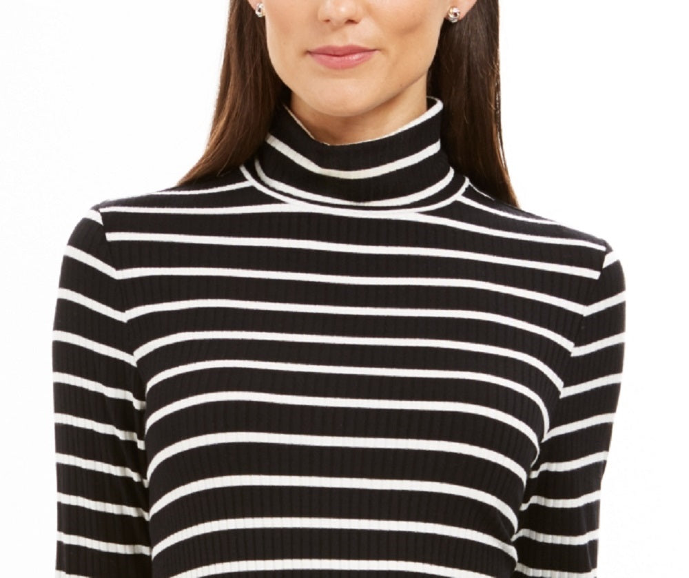 Charter Club Women's Striped Turtleneck Top Black Size Small