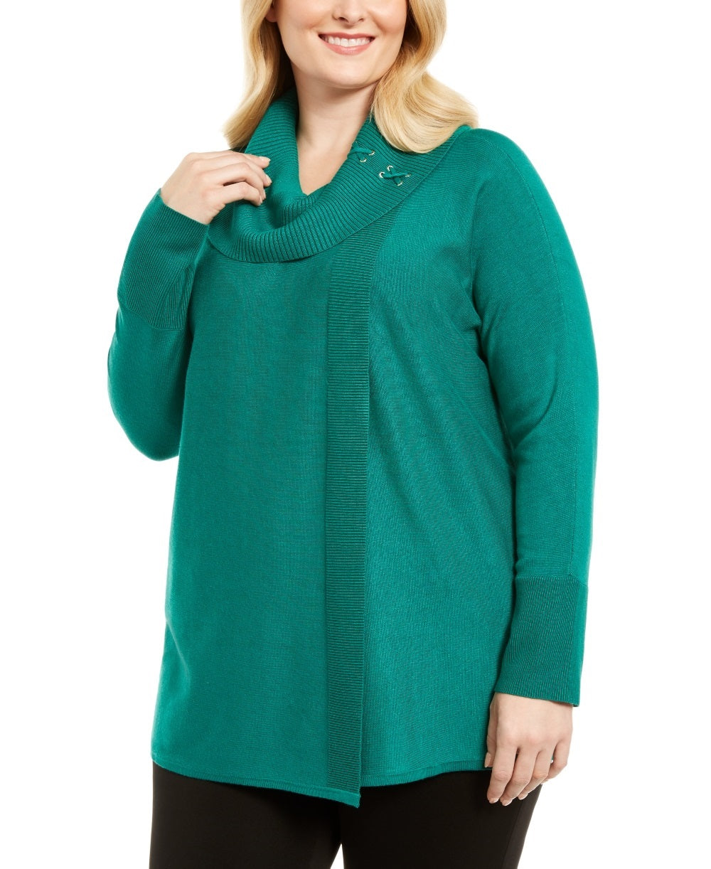 JM Collection Women's Lace Up Cowlneck Sweater Green Size 1X