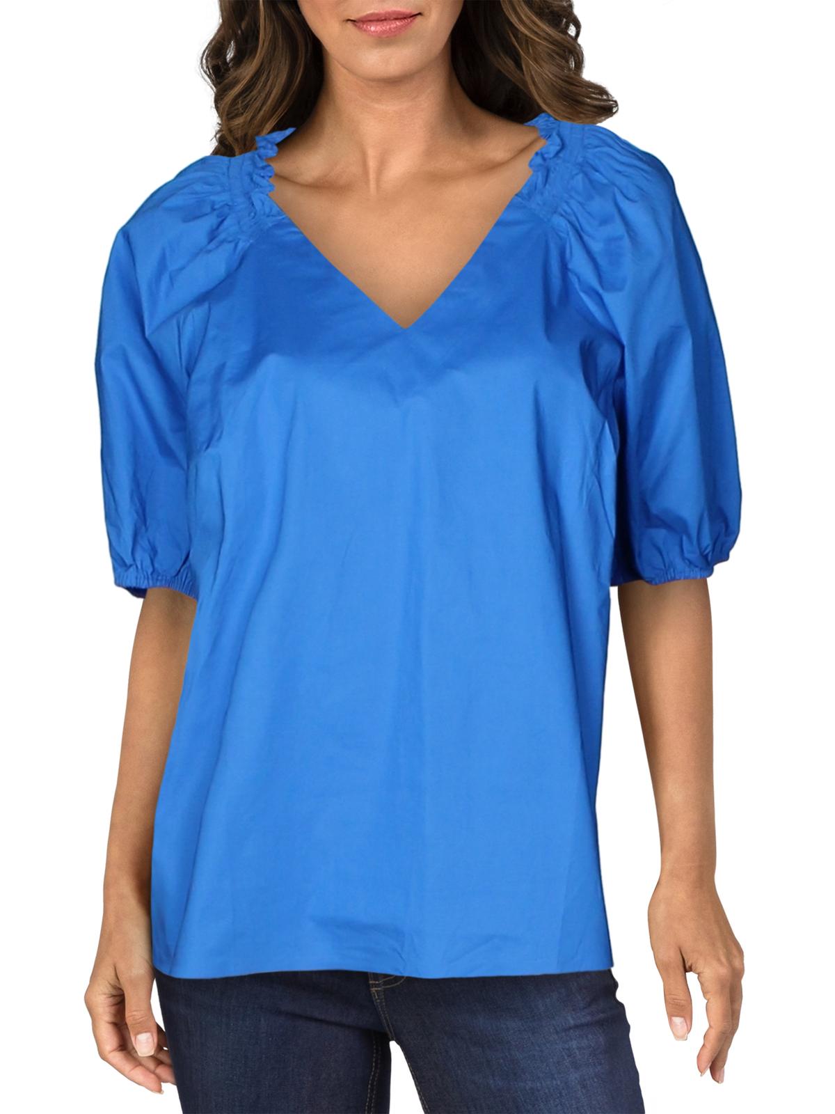 Alfani Women's V Neck Smocked Blouse Blue Size X-Large