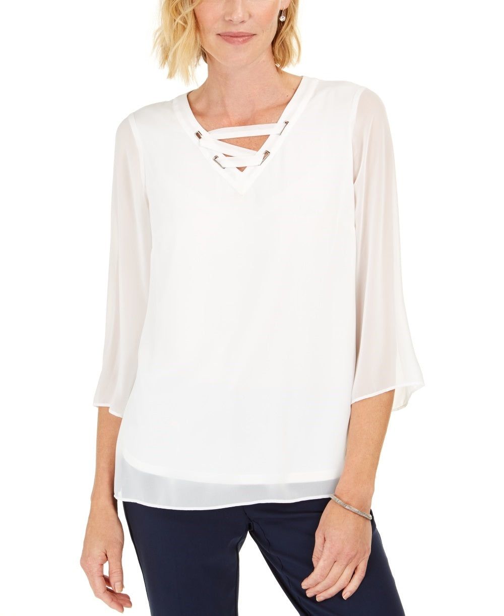 JM Collection Women's Lace Up Grommet Trim Top  White Size Small