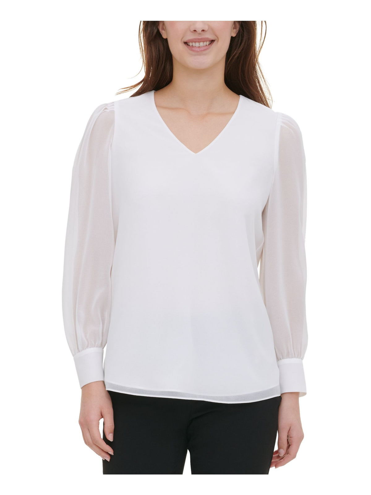Calvin Klein Women's Solid Long Sleeve V Neck Top White Size Large