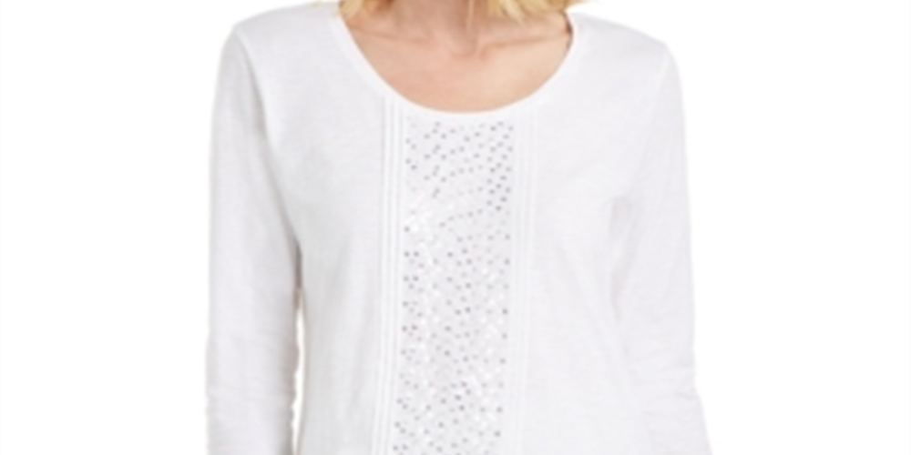 JM Collection Women's Sequined Scoop Neck Top Latte Size Large