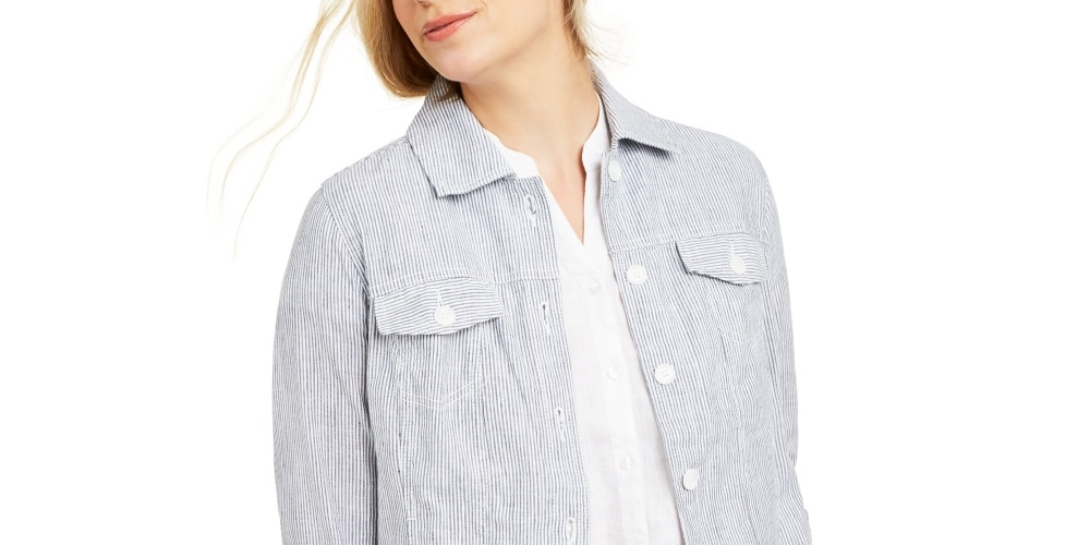 Charter Club Women's Striped Linen Jacket White Size Medium