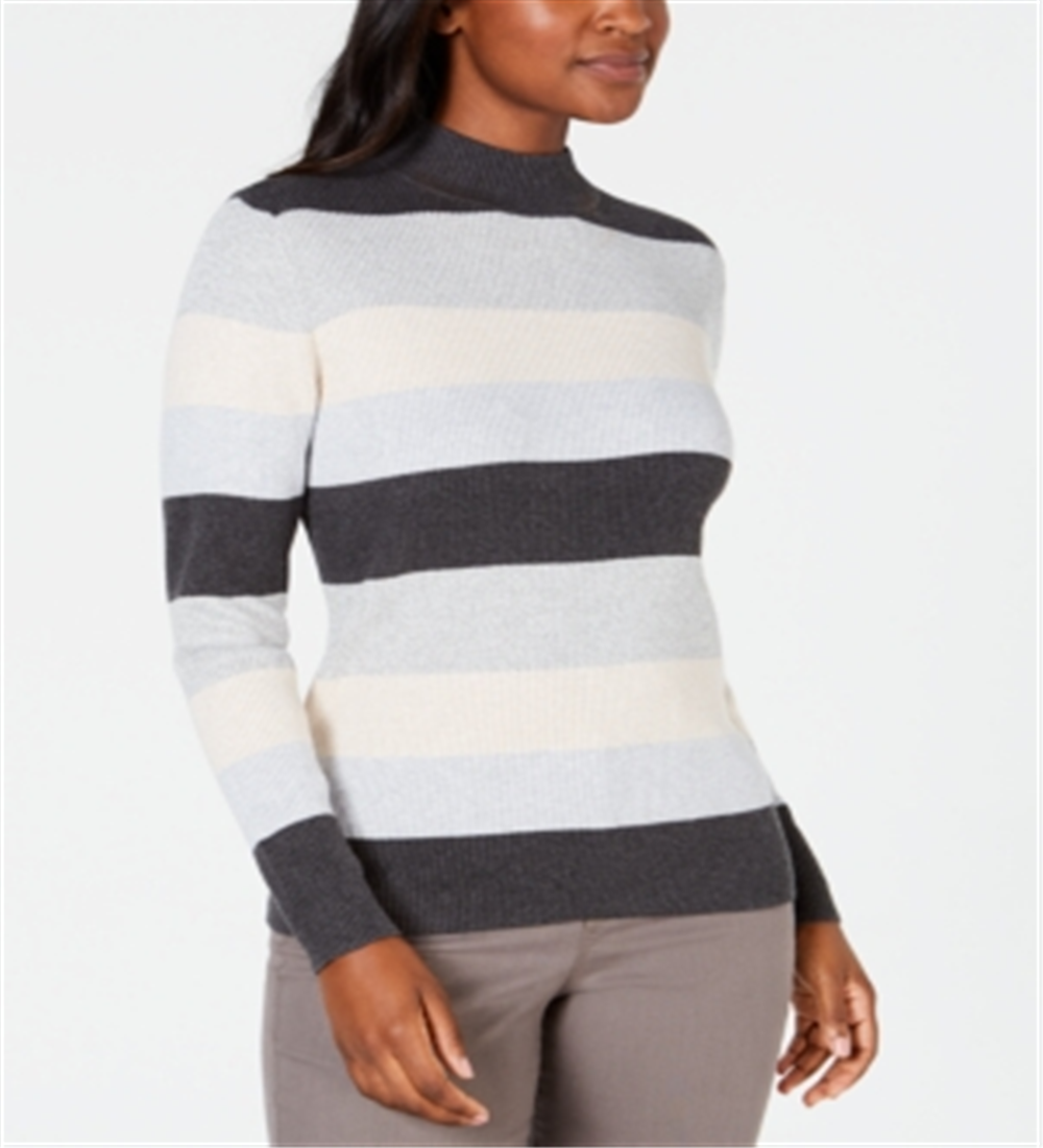 Karen Scott Women's Striped Mock Neck Cotton Sweater Gray Combo  Size Petite Medium