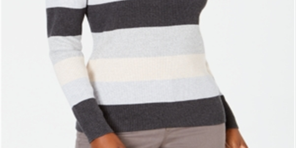 Karen Scott Women's Striped Mock Neck Cotton Sweater Gray Combo  Size Petite Medium