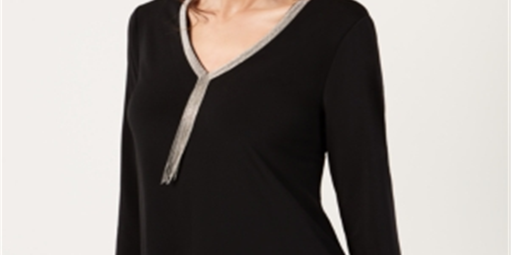 JM Collection Women's Beaded V Neck Tunic Black Size X-Small