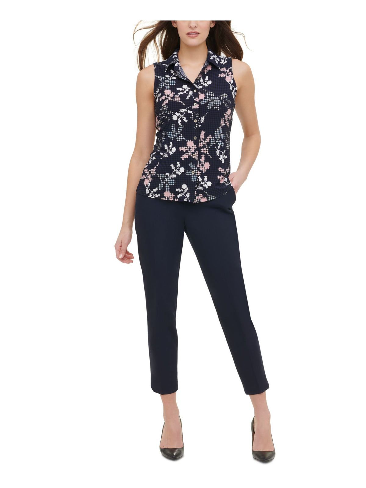 Tommy Hilfiger Women's Button up Floral Print Sleeveless Top Black Size Small