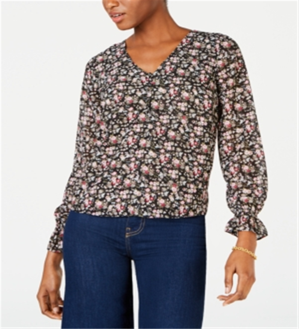 Maison Jules Women's Printed V Neck Blouse Black Size Medium