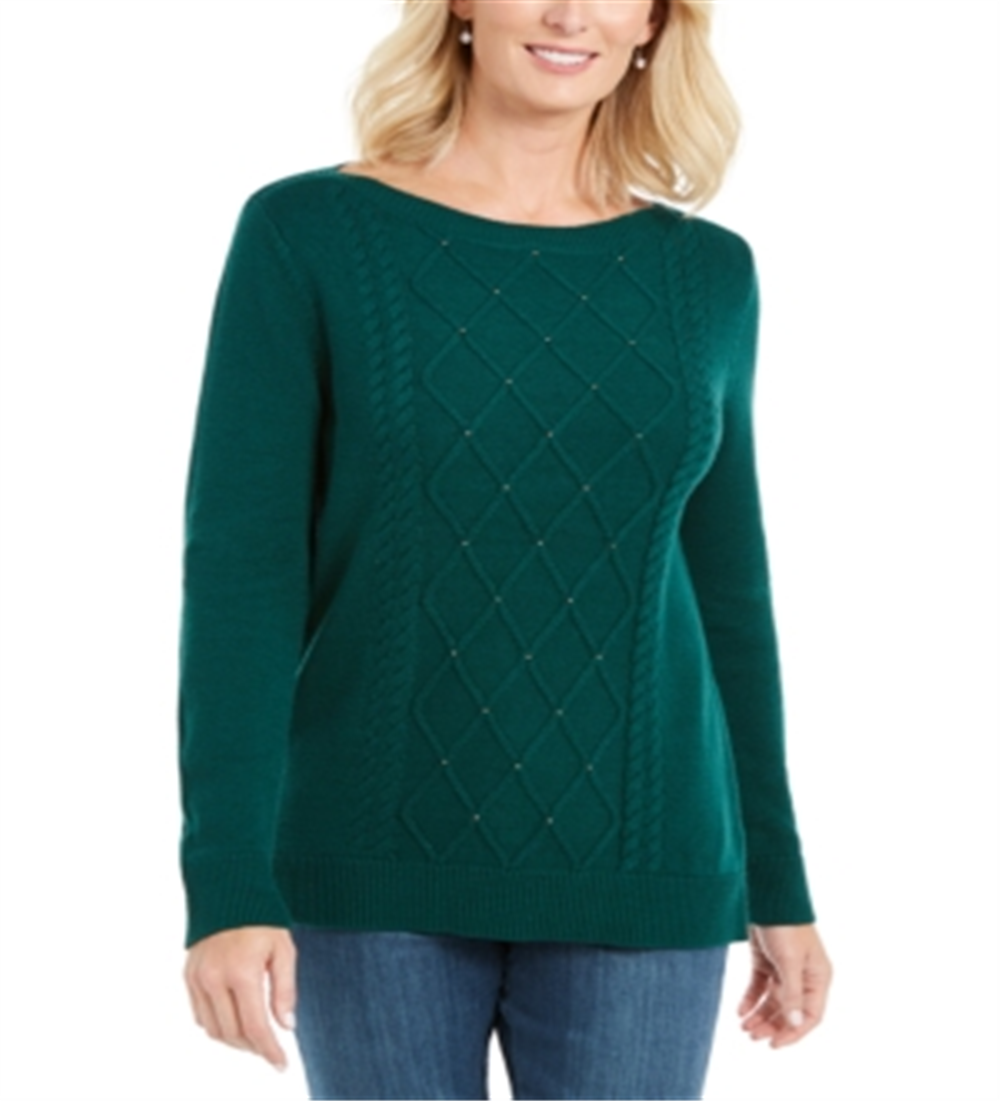 Karen Scott Women's Cable Knit Beaded Sweater Green Size Large