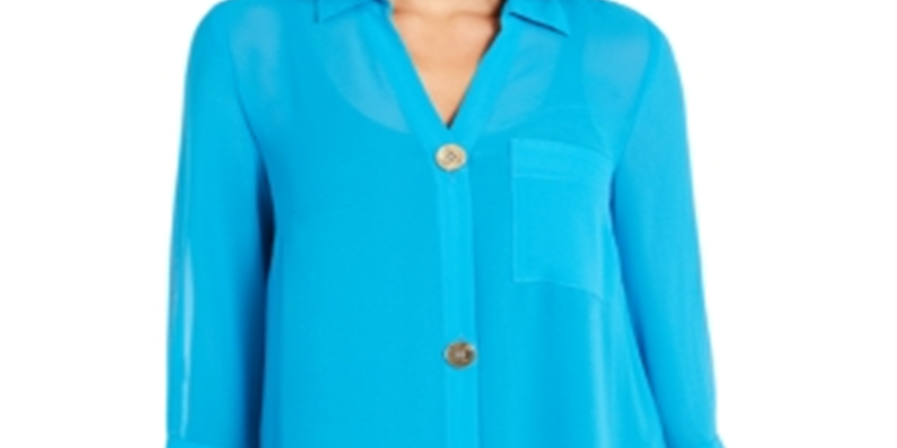 Alfani Women's Semi Sheer 3/4 Sleeve Blouse Blue Size Petite Small