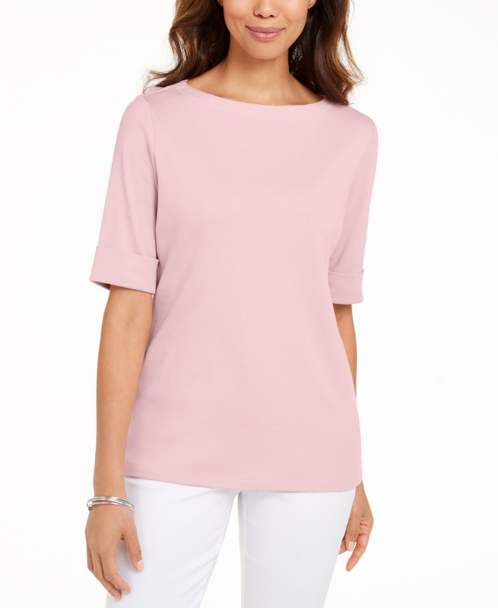 Karen Scott Women's Boat-Neck Elbow-Sleeve Top Pink Size Small