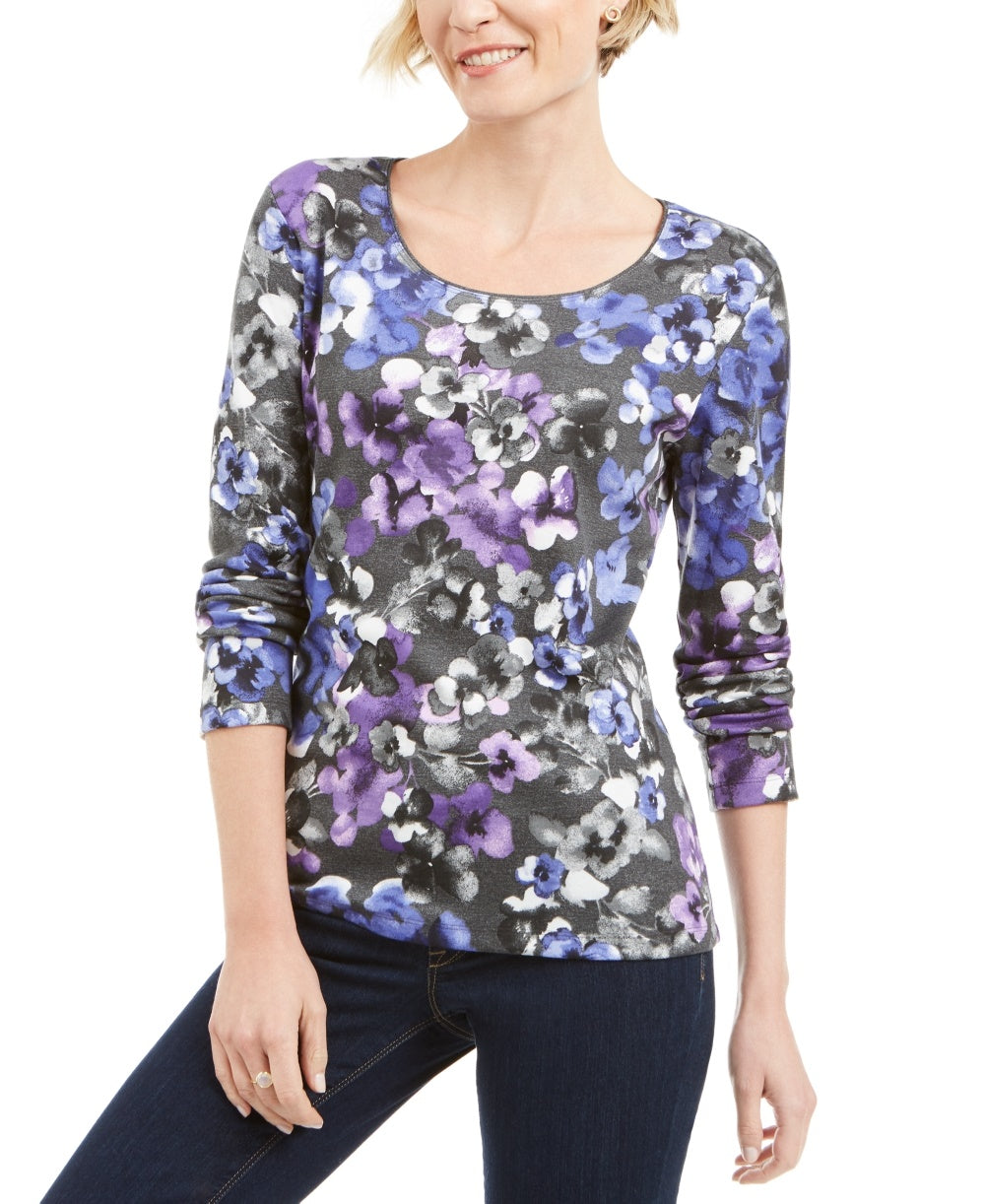 Karen Scott Women's Printed Scoop-Neck Top Grey Size X-Small