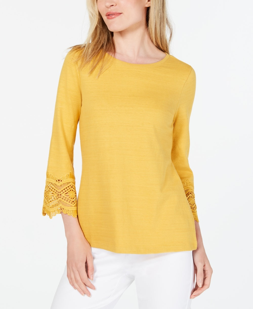 Charter Club Women's Petite Cotton Lace-Trim Top Gold Size Petite X-Large