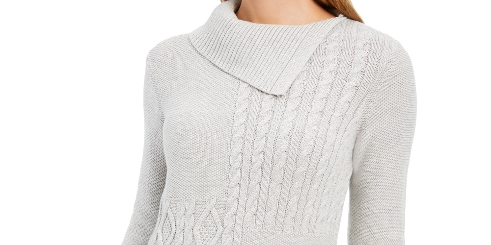 Charter Club Women's Envelope Neck Cable Knit Sweater Gray Size Petite Medium
